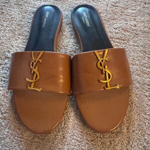 Saint Laurent Tan Leather Slide Sandals with Gold YSL Accent